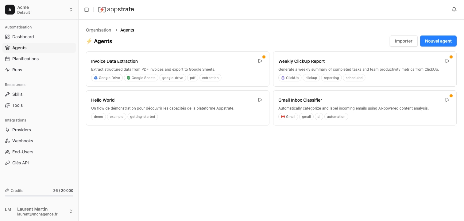 Appstrate — Agents dashboard